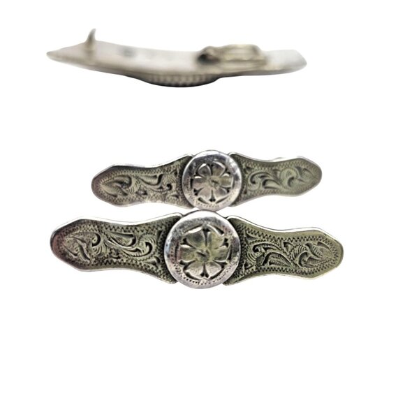 Western Belt Buckle Dendritic Agate Cabochon Silvertone Engraved Side Pieces - Picture 7 of 12